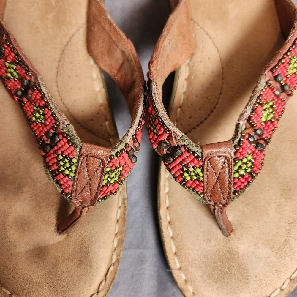 Minnetonka Ibiza Beaded Aztec Boho Orange Sandals Womens 10 Suede Leather Thong
